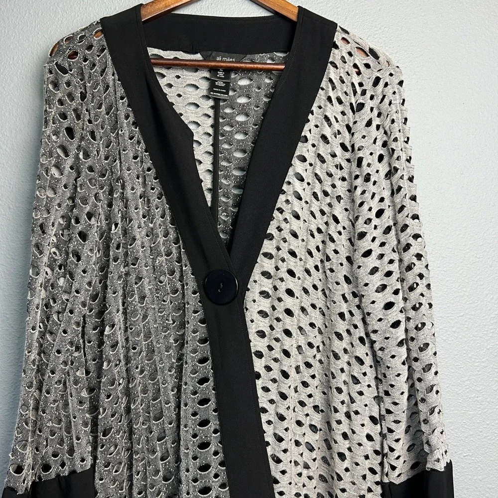 Ali Miles Gray‎ Black Mesh Knit Cardigan XL Open Drape Asymmetrical Button Front